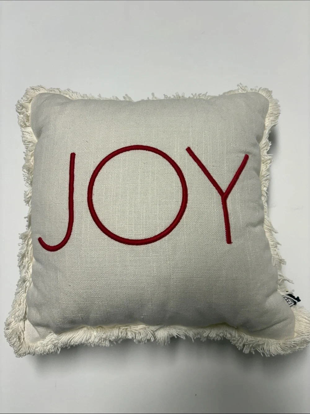 JOY Embroidered Fringe Holiday Throw Pillow - Cream with Red